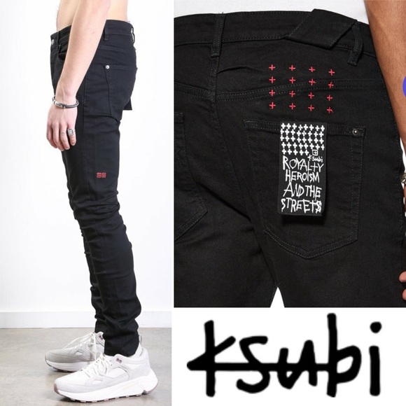 Ksubi Chitch Laid Black Jeans Men's Size 38 x 32 Slim Fit Red Logo Mid Rise - Picture 1 of 16